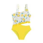 Hollow Out Ruffle Floral Print Summer Beach One Piece Swimsuits, (Girls)